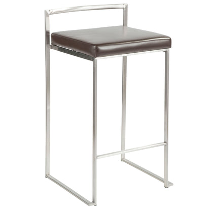 The Fuji Contemporary Stackable Counter Stool (Set of 2) features a square, dark brown cushioned seat and a sleek metal frame with straight legs and a minimalist backrest for an elegant, modern look.
