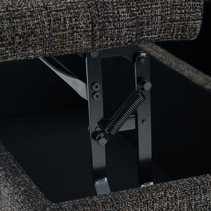 Close-up of a metal hinge and spring mechanism inside the Harrison Upholstered Coffee Table Storage Ottoman, with its fabric-covered lid partially open.