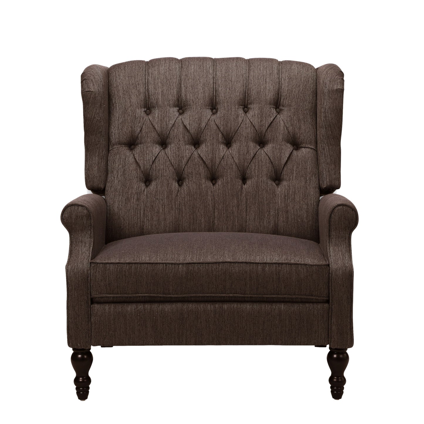 The Dunham Contemporary Fabric Tufted Oversized Pushback Recliner features dark brown upholstery, a high button-tufted back, rolled arms, and wooden legs. Shown from the front against a white background.
