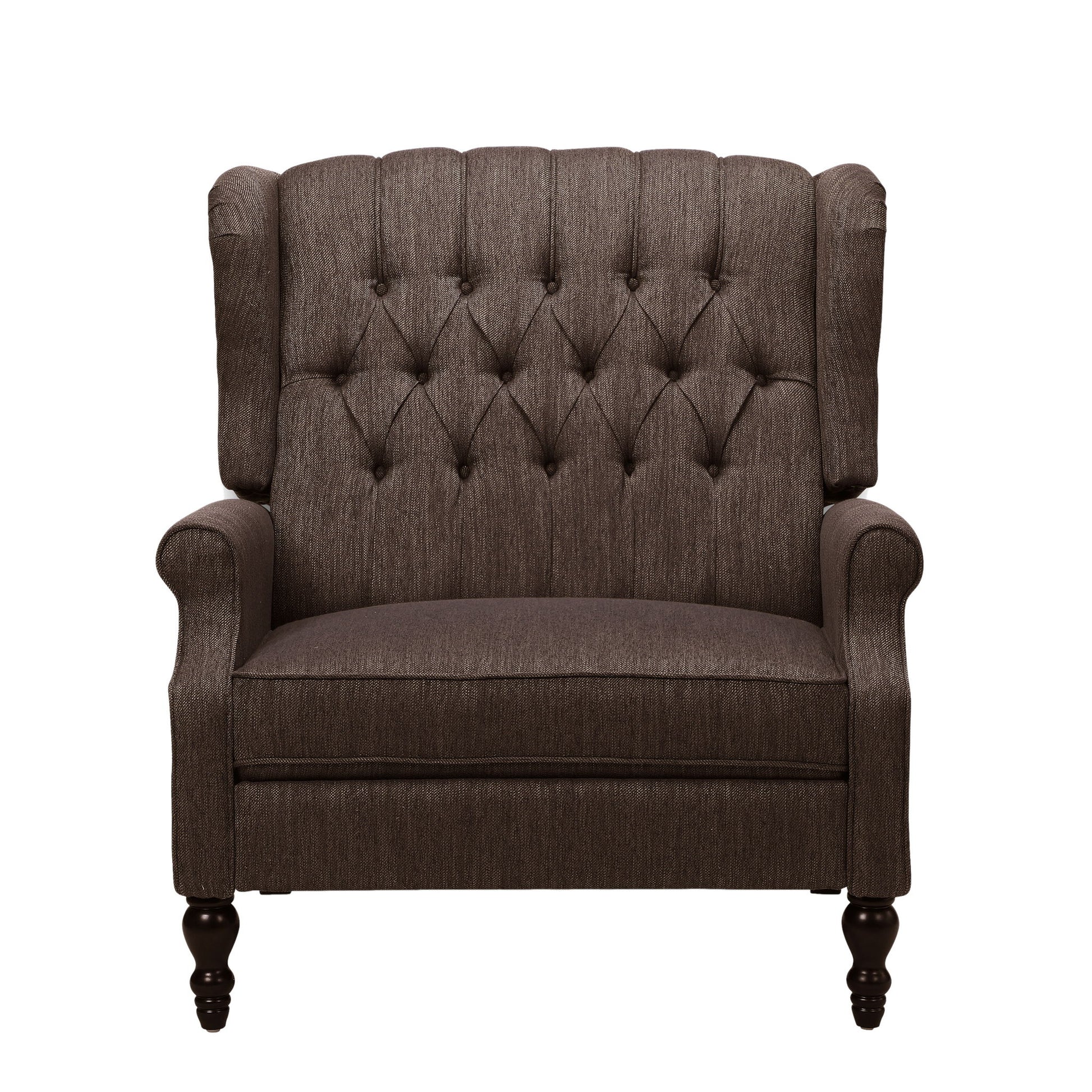 The Dunham Contemporary Fabric Tufted Oversized Pushback Recliner features dark brown upholstery, a high button-tufted back, rolled arms, and wooden legs. Shown from the front against a white background.