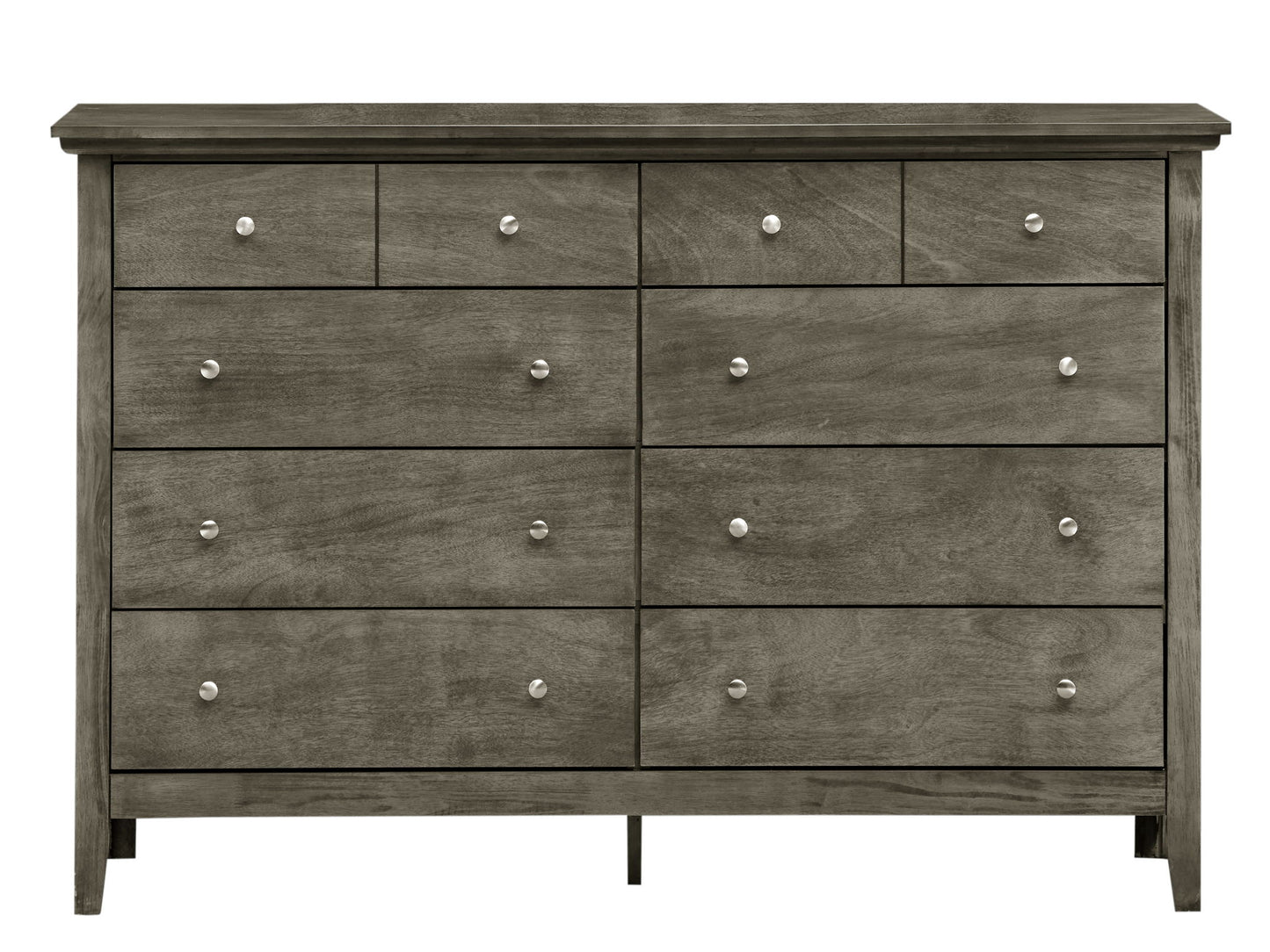 The Elegant Casual Dresser For Any Room features a gray wooden finish, nine drawers with round silver knobs, and simple clean lines, perfect for adding stylish storage to any space.