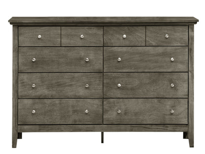 The Elegant Casual Dresser For Any Room features a gray wooden finish, nine drawers with round silver knobs, and simple clean lines, perfect for adding stylish storage to any space.
