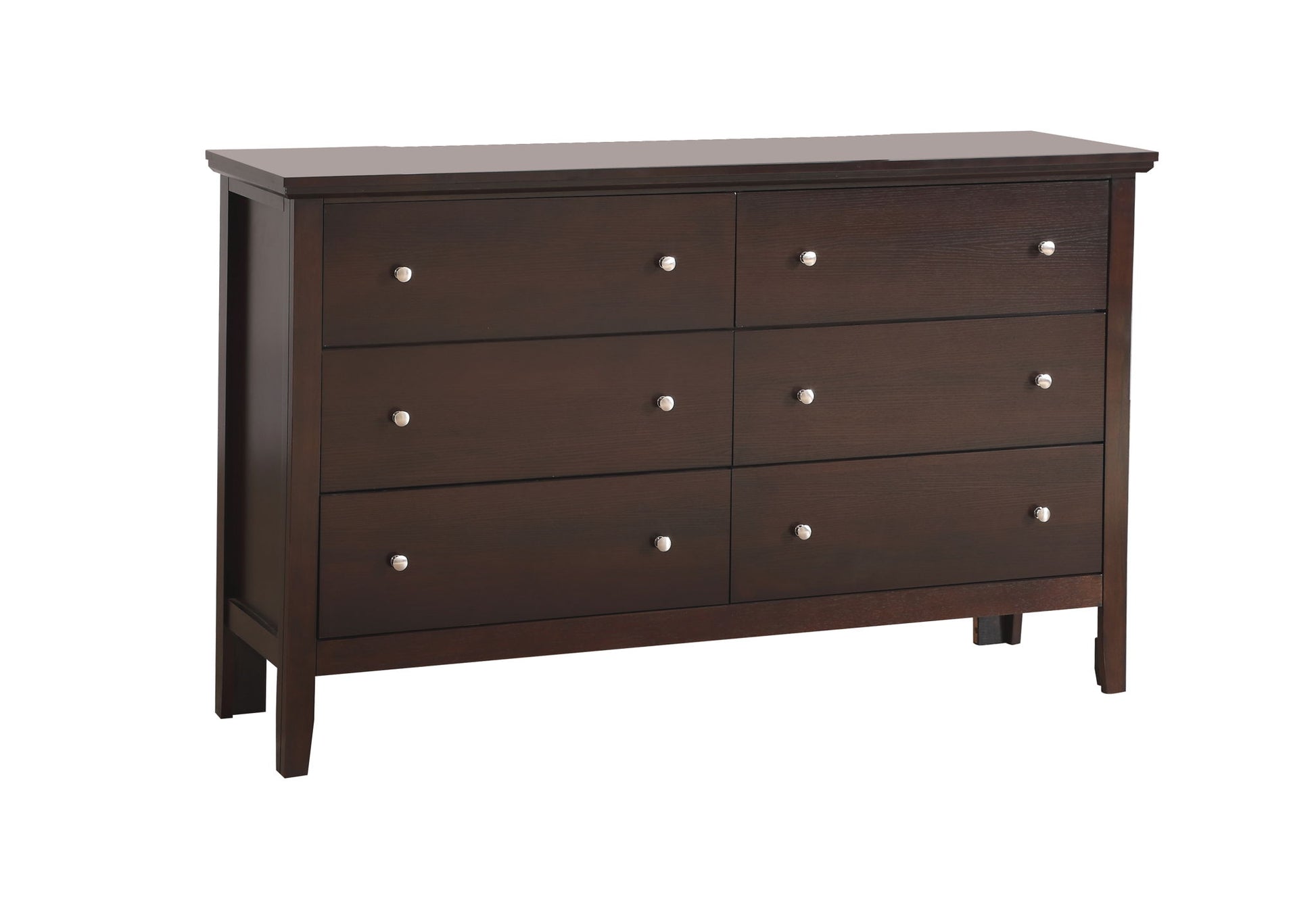 The Primo - Dresser is a dark brown wooden piece with six drawers in two rows of three, each drawer fitted with a metallic knob. It stands on four legs and has a flat top surface.