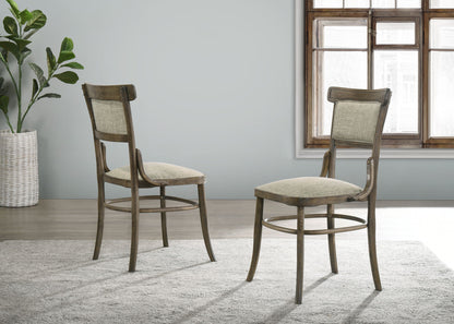 Two Bistro Wide Contemporary Fabric Dining Chairs with cushions in Vintage Walnut are set on a gray rug in a bright room with a potted plant, light walls, and a large window letting in natural light.
