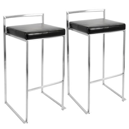 Set of two Fuji Contemporary Stackable Design Barstools featuring sleek metal frames, square black cushioned seats, open backs, and straight angular legs in a minimalist style.