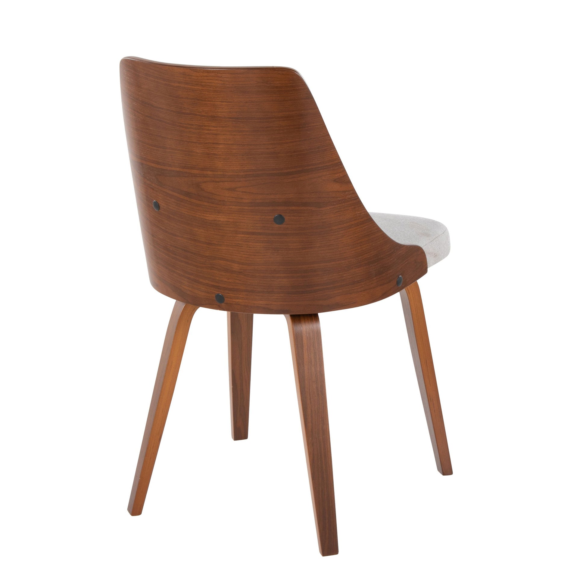 The Anabelle Mid-Century Modern Dining Chair (Set of 2) features four angled wooden legs, a curved backrest, and a light grey cushioned seat, displayed from a rear side angle on a white background.