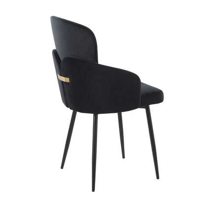 The Dahlia Contemporary Elegant Design Dining Chair (Set of 2) features modern black upholstery, a curved backrest, metal legs, and a gold accent bar on the back, shown from an angled rear view.