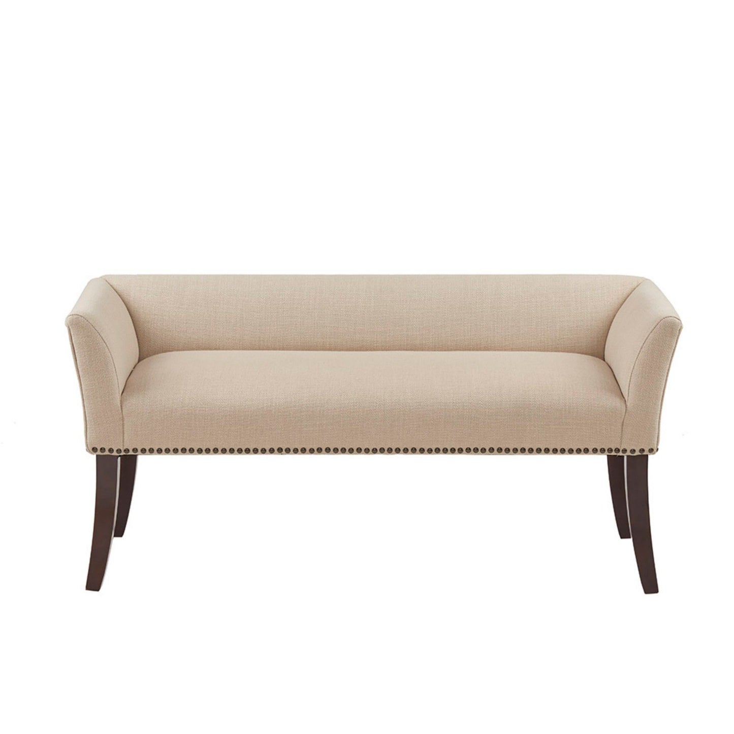 The Elegant Design Bench Upholstery features a beige cushion, flared arms, nailhead trim along the base, and four dark solid wood legs, displayed against a white background.