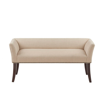 The Elegant Design Bench Upholstery features a beige cushion, flared arms, nailhead trim along the base, and four dark solid wood legs, displayed against a white background.