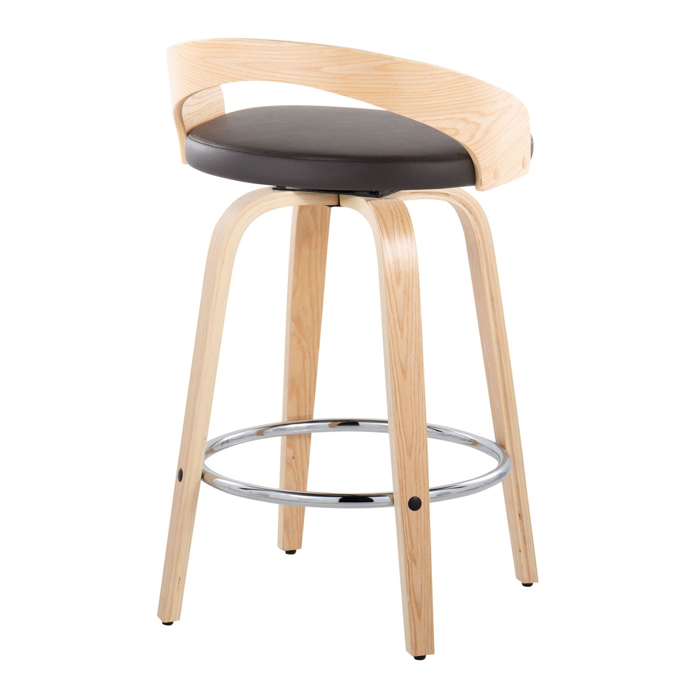The Grotto Contemporary Fixed Height Counter Stool features a swivel seat, curved backrest, black cushion, four light wood legs, and a round chrome footrest. Sold as a set of 2.