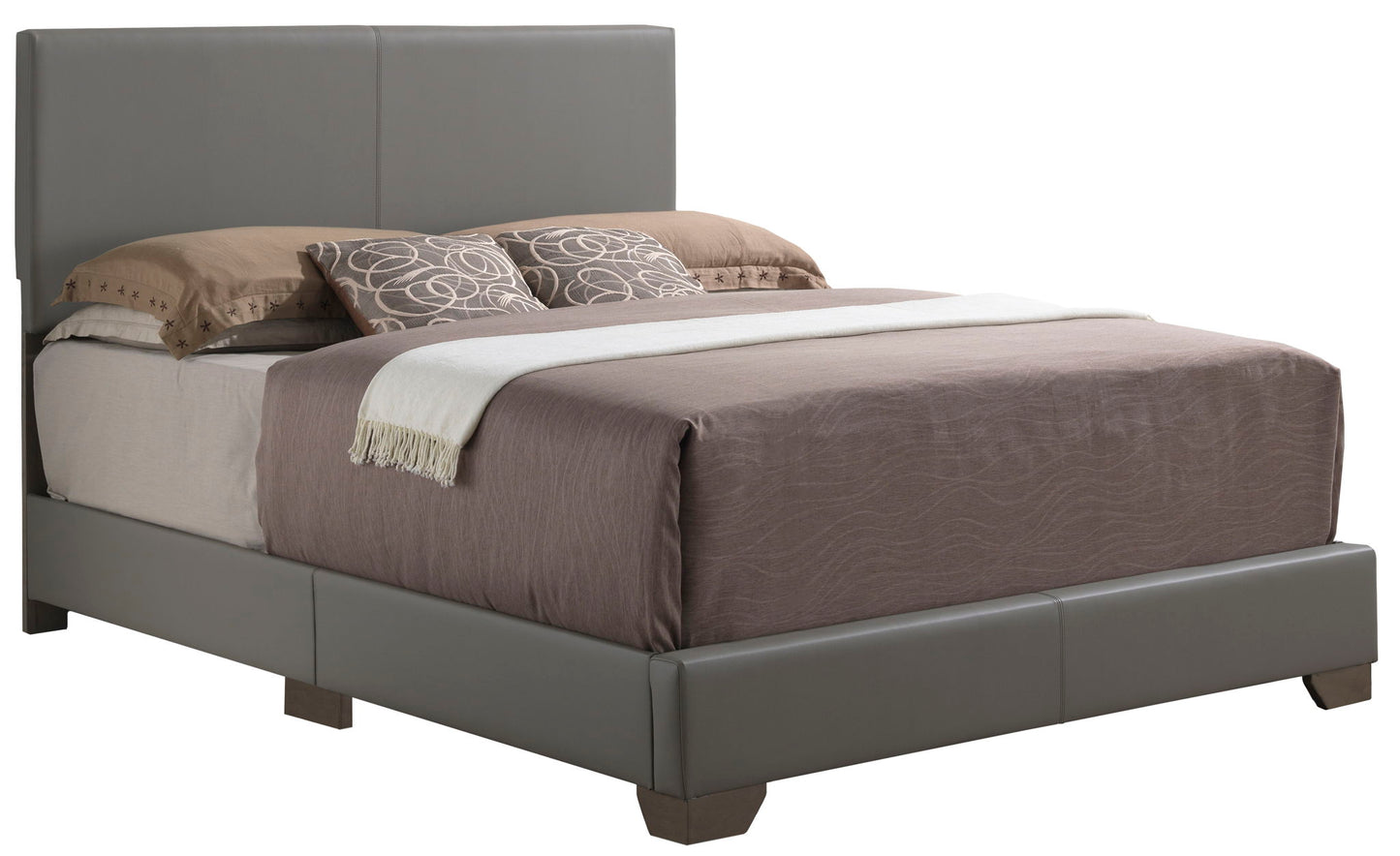 The Elegant Platform Bed For Relaxed Spaces features a tall padded gray headboard, brown and beige bedding, two circular-patterned decorative pillows, and a white throw blanket at the foot.