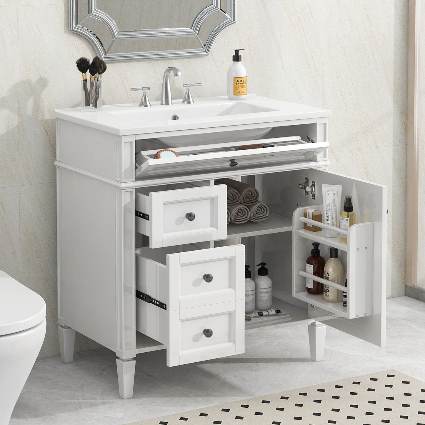 Bathroom Vanity With Top Sink, Storage Cabinet With 2 Drawers, Tip Out Drawer
