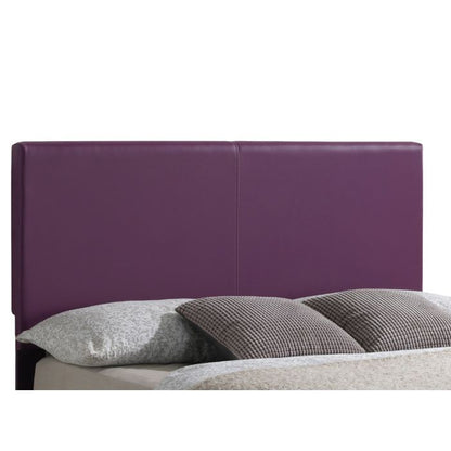 The Elegant Platform Bed For Relaxed Spaces features a tall, rectangular purple upholstered headboard, light bedding, and two patterned pillows.