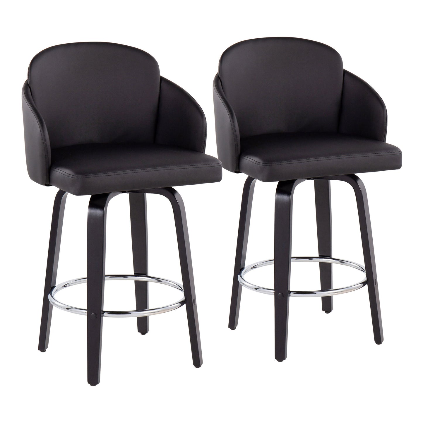 Set of 2 Dahlia Contemporary Counter Stools in black, featuring cushioned seats, curved backrests with armrests, four wooden legs, and a round metal footrest for a stylish modern look.