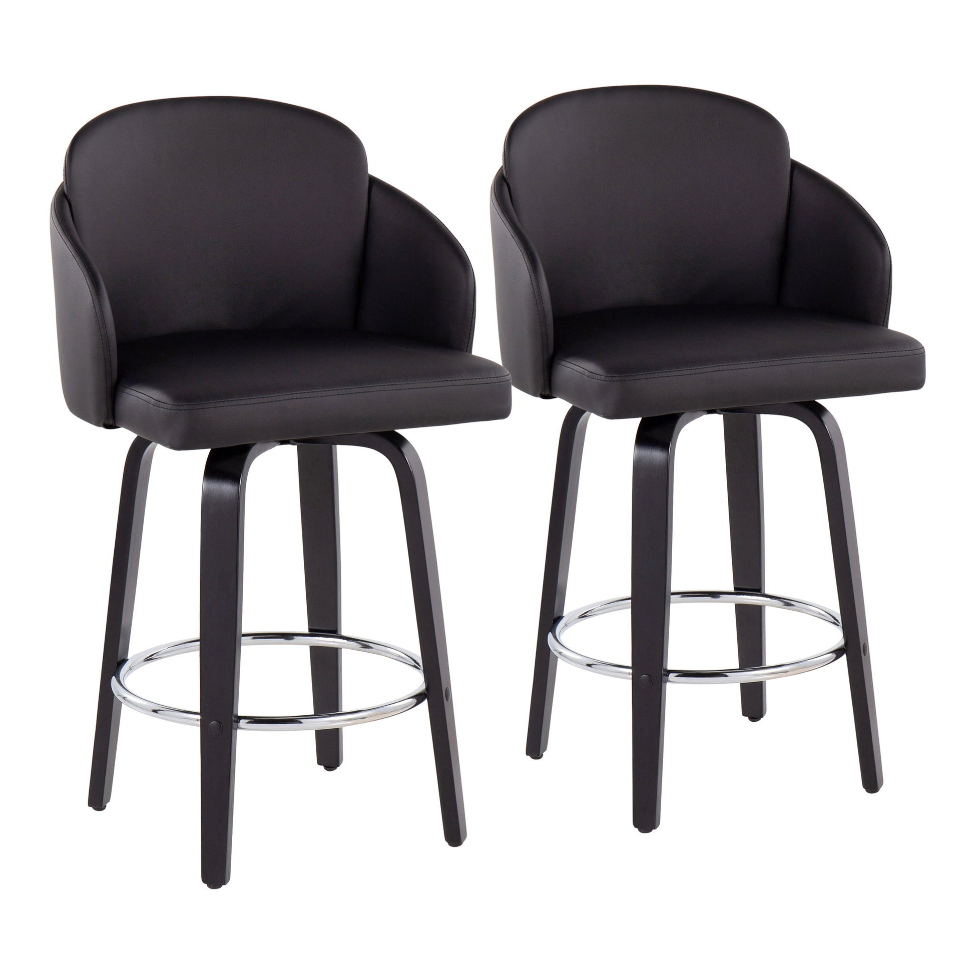Set of 2 Dahlia Contemporary Counter Stools in black, featuring cushioned seats, curved backrests with armrests, four wooden legs, and a round metal footrest for a stylish modern look.