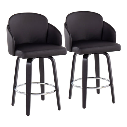 Set of 2 Dahlia Contemporary Counter Stools in black, featuring cushioned seats, curved backrests with armrests, four wooden legs, and a round metal footrest for a stylish modern look.