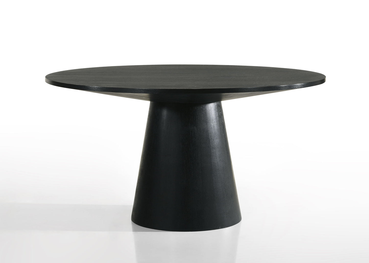 The Jasper Wide Contemporary Round Dining Table with Fabric Chairs features a thick, flat top and a wide cone-shaped pedestal base in black, shown against a plain white background.