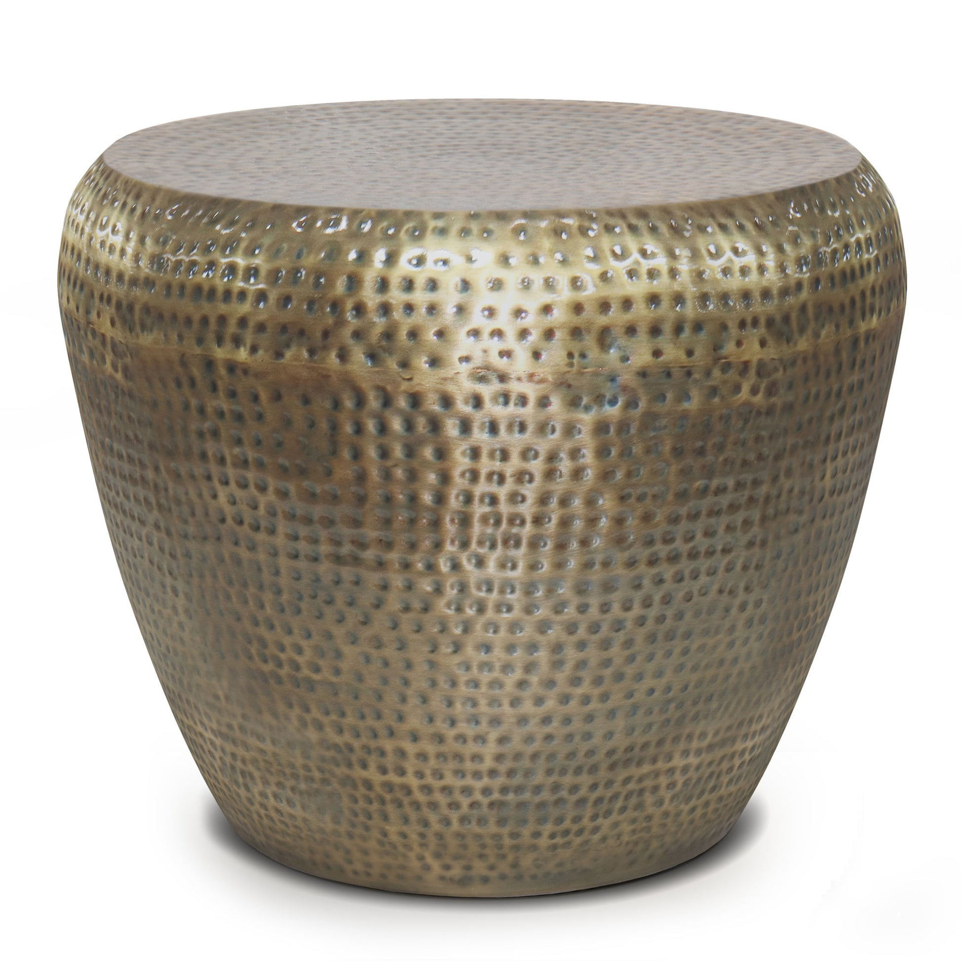The Preston Handcrafted Metal Side Table features a round shape, hammered texture, and antique brass finish. Its smooth flat top and gently tapered sides create a modern, elegant look—perfect for any stylish space.