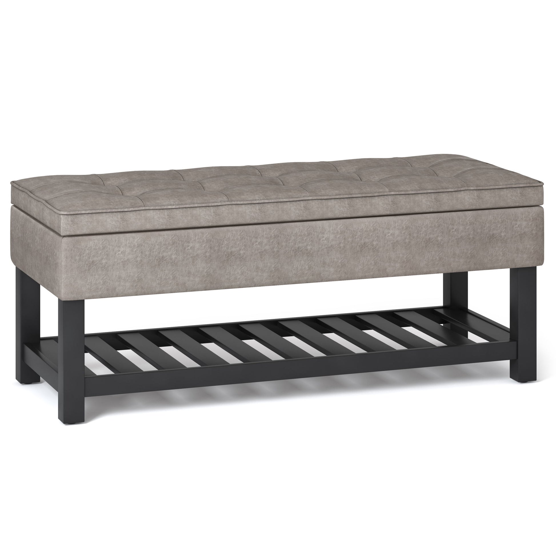 The Cosmopolitan Storage Ottoman Bench features a rectangular gray upholstered seat with a tufted top, black wooden legs, and an open slatted lower shelf.
