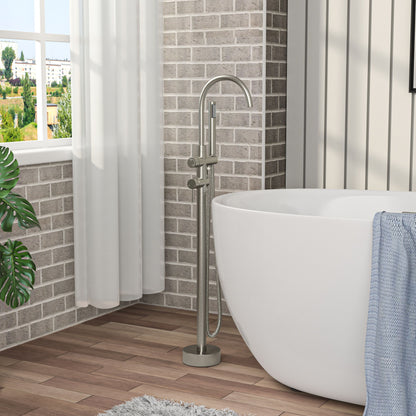 Freestanding Bathtub Faucet Floor Mount Tub Filler With Swivel Gooseneck Spout And Cylinder Handheld