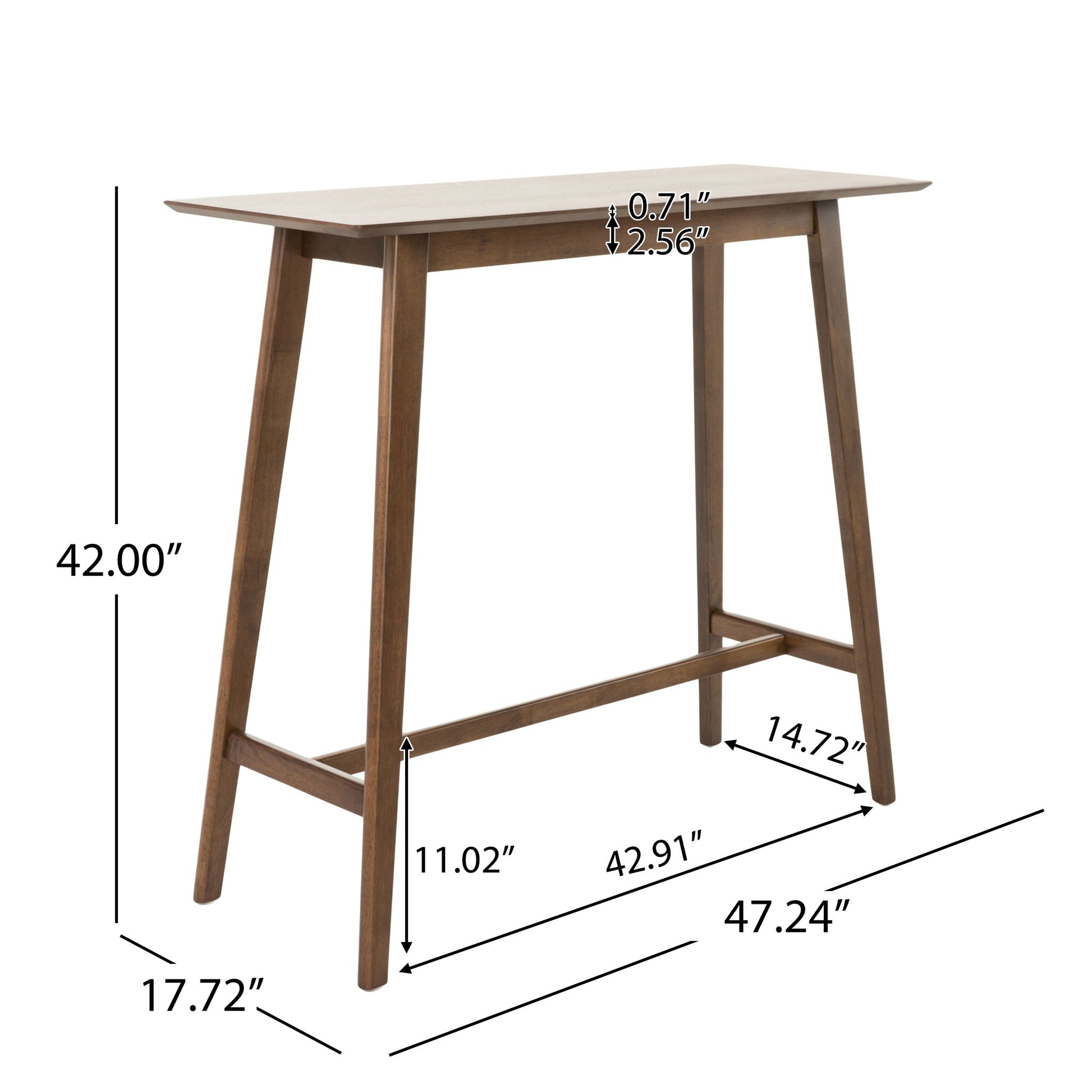 The Bar Height Dining Table With Splayed Legs And Elongated Rectangular Top is shown with labeled dimensions: 42" high, 47.24" wide, 17.72" deep, tabletop thickness 0.71", overhang 2.56", leg spacing 11.02"/14.72", base width 42.91".