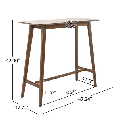 The Bar Height Dining Table With Splayed Legs And Elongated Rectangular Top is shown with labeled dimensions: 42" high, 47.24" wide, 17.72" deep, tabletop thickness 0.71", overhang 2.56", leg spacing 11.02"/14.72", base width 42.91".