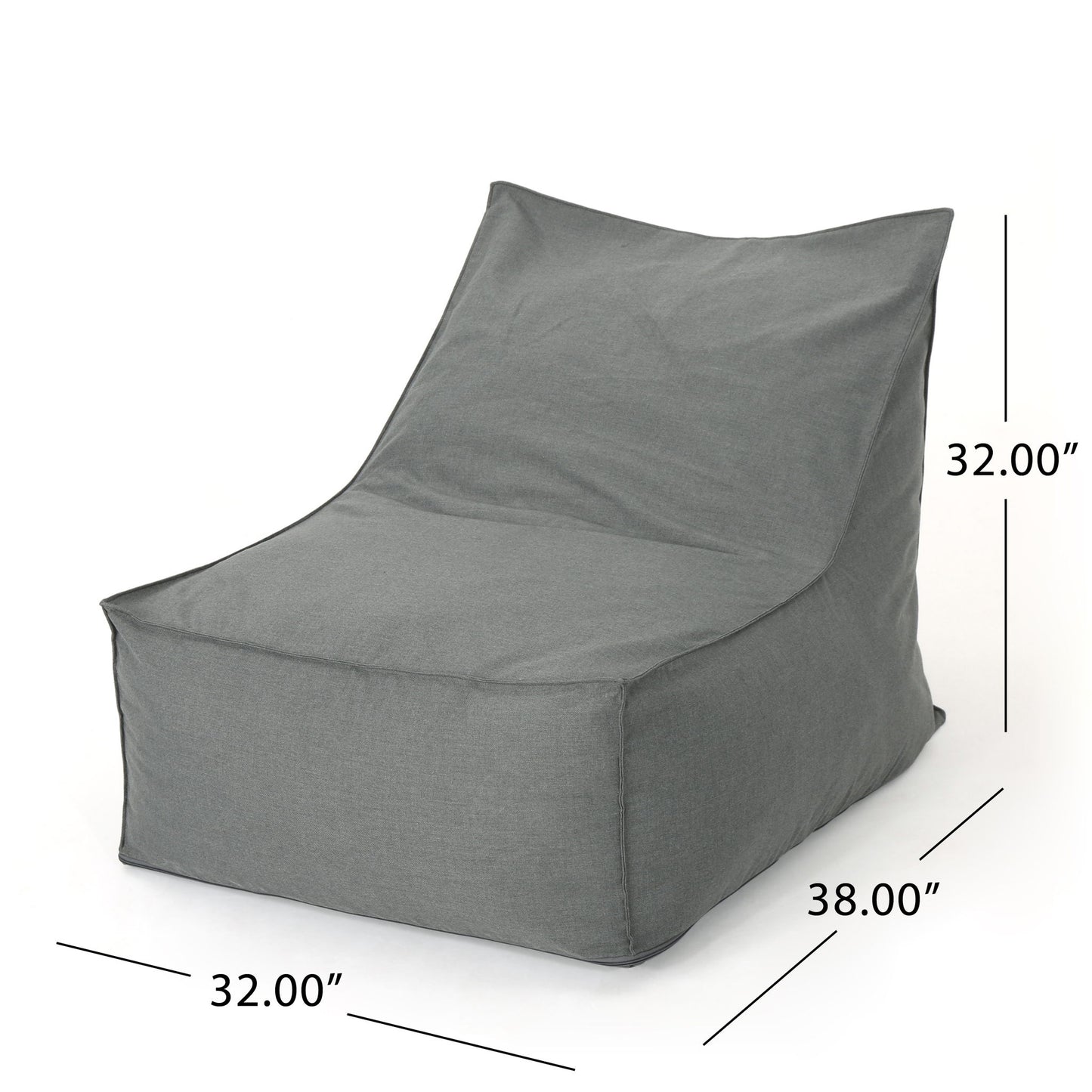 The Ettie Water Resistant Fabric Bean Bag Chair in gray features a structured backrest and measures 32"H x 38"D x 32"W, as shown with labeled dimension lines.