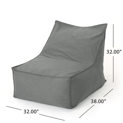 The Ettie Water Resistant Fabric Bean Bag Chair in gray features a structured backrest and measures 32"H x 38"D x 32"W, as shown with labeled dimension lines.