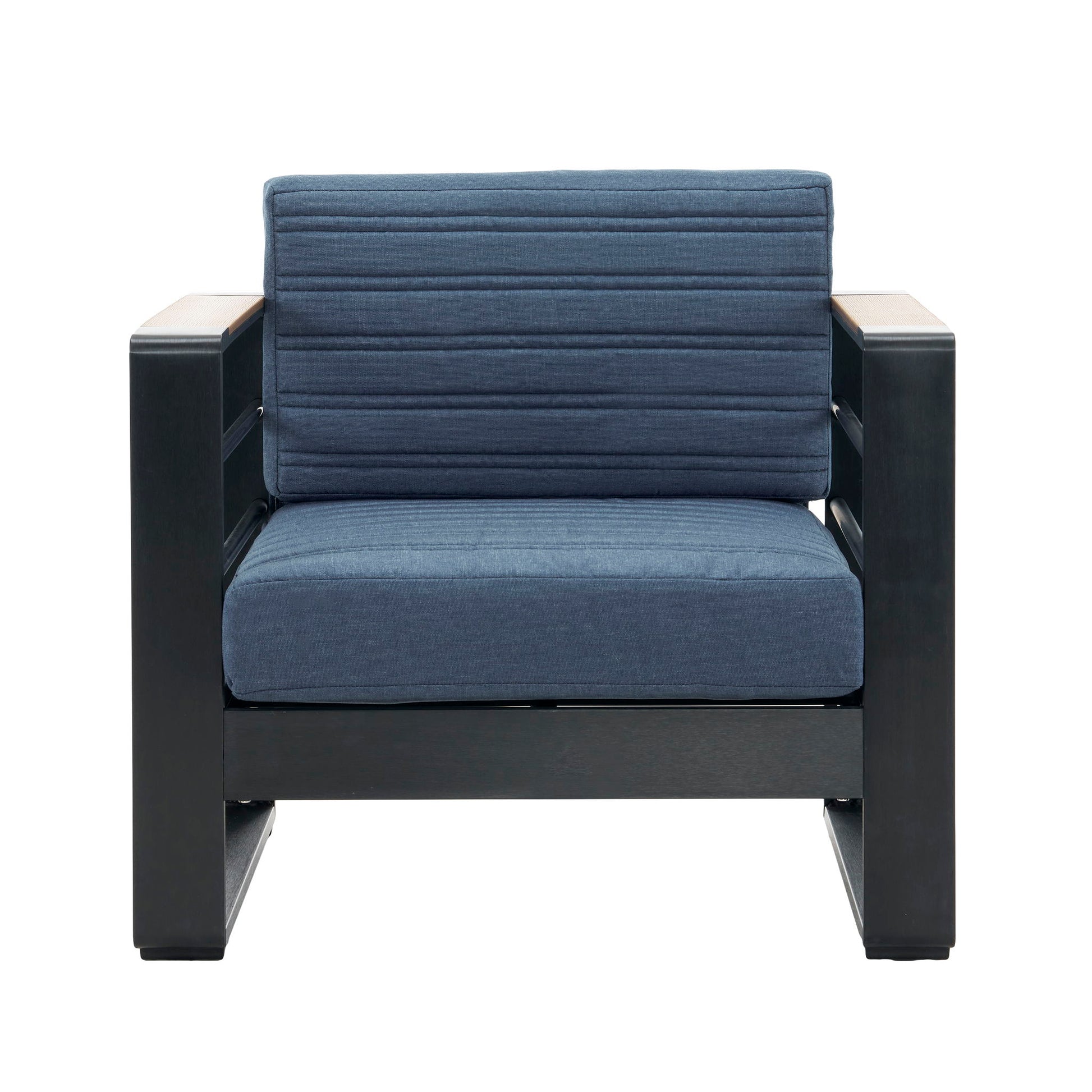 The Giovanna Club Chair Set features a blue cushioned seat and backrest with horizontal stitching, wide black armrests, and a sturdy black aluminum frame, photographed against a white background.