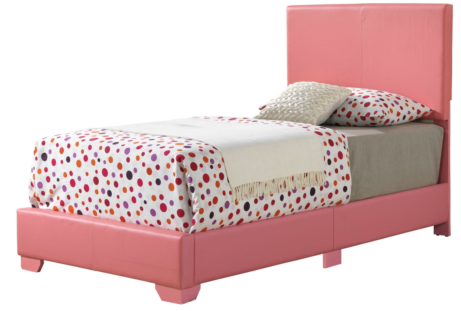 The Elegant Platform Bed For Relaxed Spaces features a pink single frame with a high headboard, red and purple polka dot bedding, a beige blanket, and two pillows.