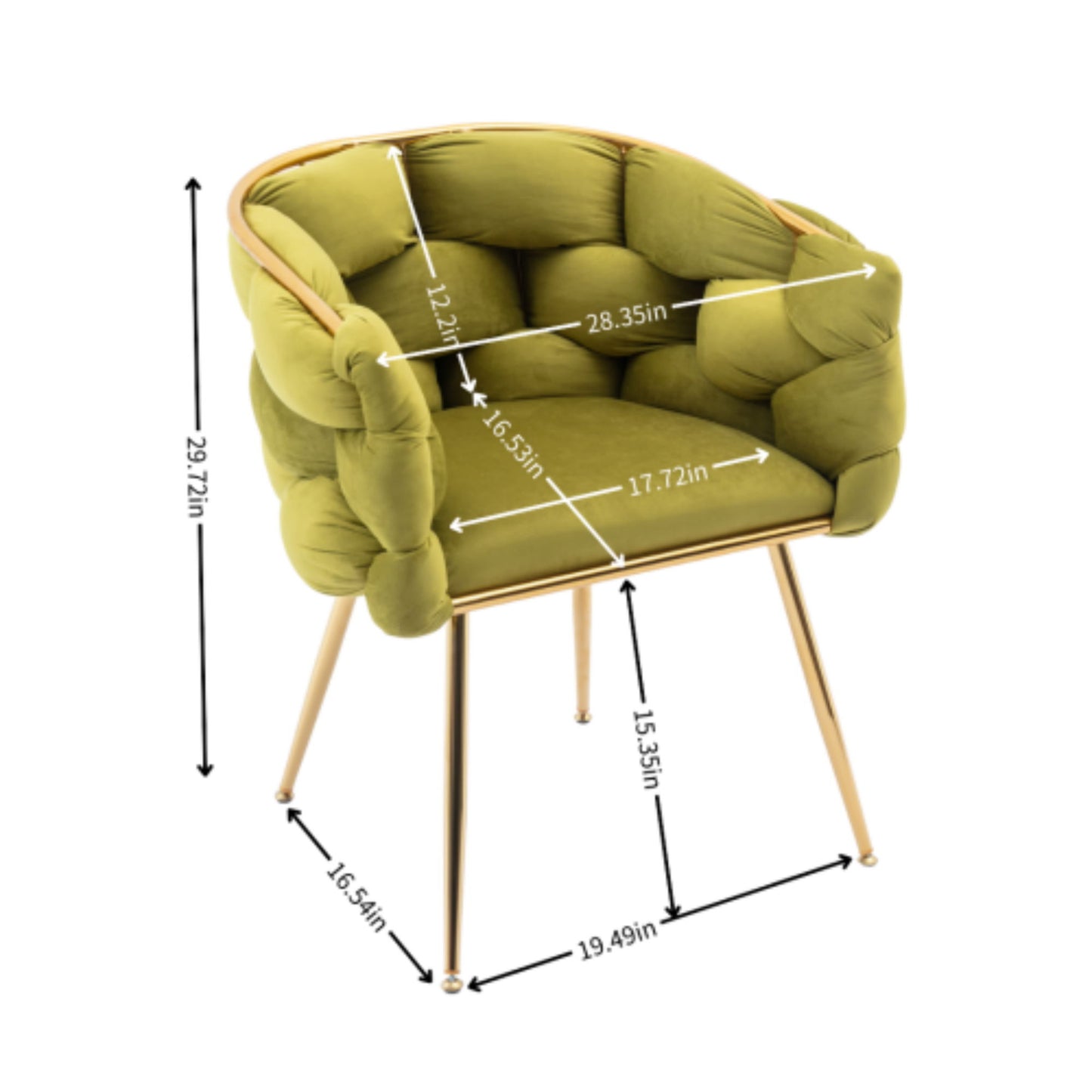 The Luxury Modern Simple Leisure Velvet Single Sofa Chair is shown angled, highlighting its green tufted upholstery and gold legs. Measurements in inches label seat depth, width, back height, leg spacing, and overall chair height.