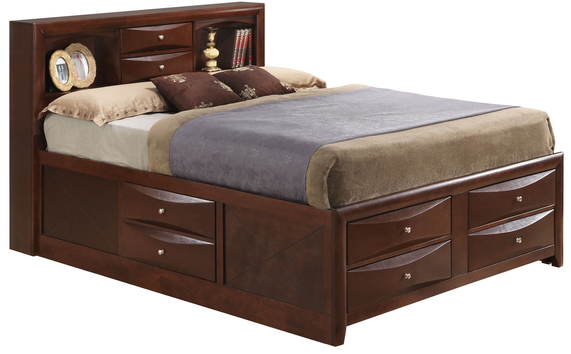 The Marilla Storage Bed with Bookcase Headboard features built-in side and footboard drawers, plus shelves for books and decor. It’s styled with brown and beige bedding and decorative pillows.
