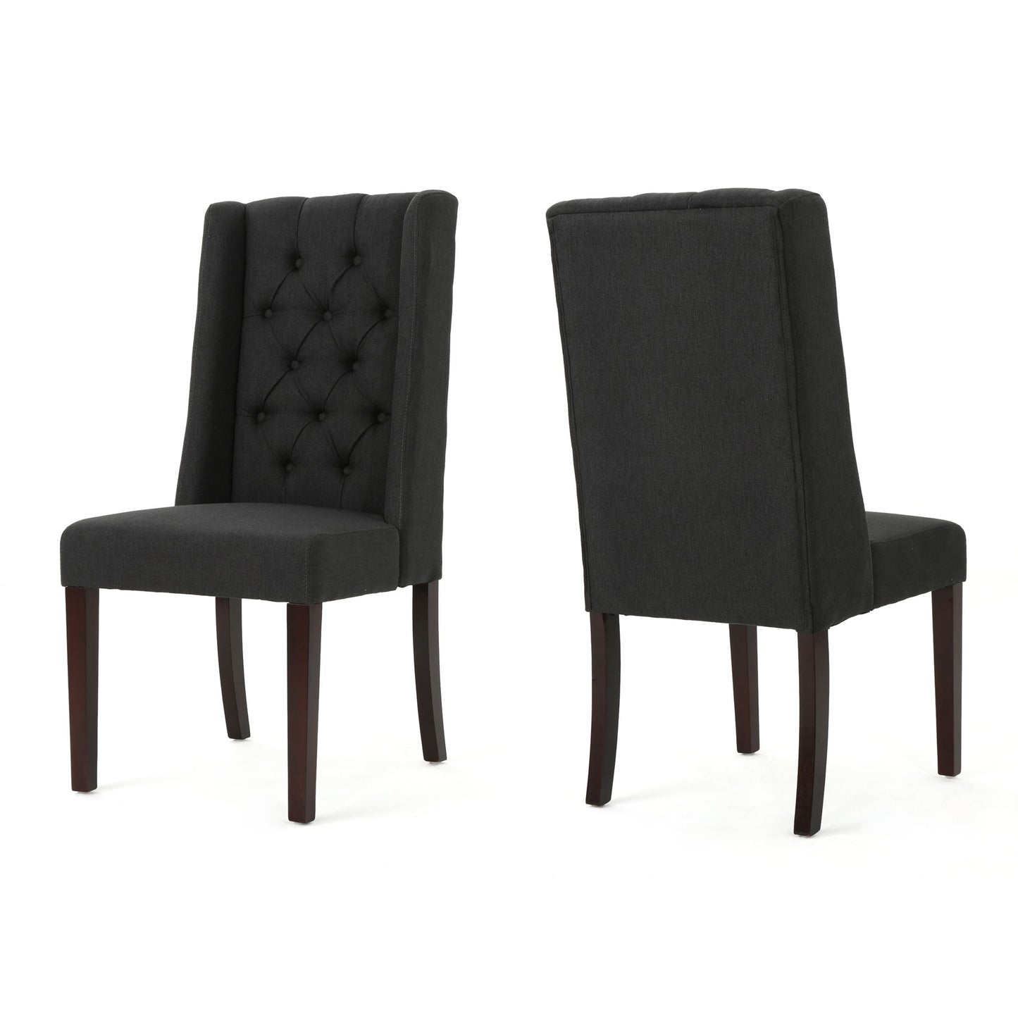 The Sophisticated Tufted Dining Chair With High Back Design is shown in pairs: one displays the tufted, high backrest, while the other reveals its smooth back. Both feature dark upholstery and dark wooden legs.