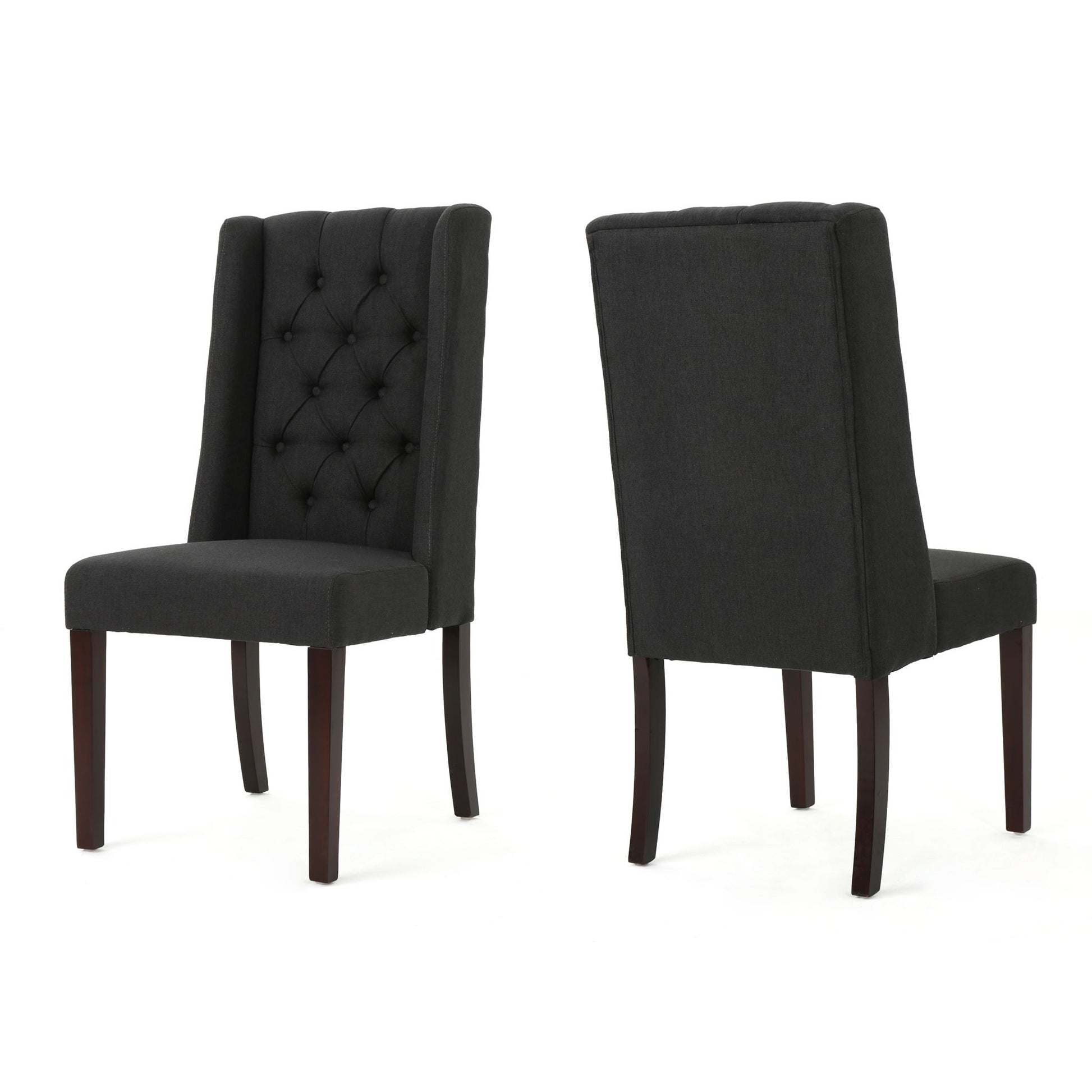 The Sophisticated Tufted Dining Chair With High Back Design is shown in pairs: one displays the tufted, high backrest, while the other reveals its smooth back. Both feature dark upholstery and dark wooden legs.