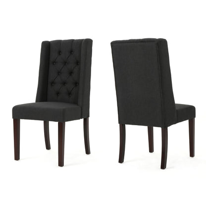 The Sophisticated Tufted Dining Chair With High Back Design is shown in pairs: one displays the tufted, high backrest, while the other reveals its smooth back. Both feature dark upholstery and dark wooden legs.