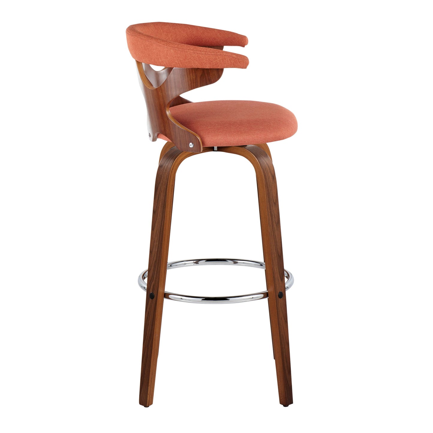 The Gardenia - Mid Century Modern Fixed Height Barstool with Swivel (Set of 2) features a curved wooden backrest, angled legs, round footrest, and orange upholstered seat and back cushions for a stylish mid-century look.