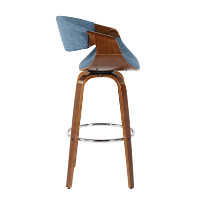 The Curvini Mid-Century Modern Fixed Height Barstool with Swivel (Set of 2) features a curved wooden frame, blue upholstered seat and back, four wooden legs, and a circular metal footrest. Shown from the side.