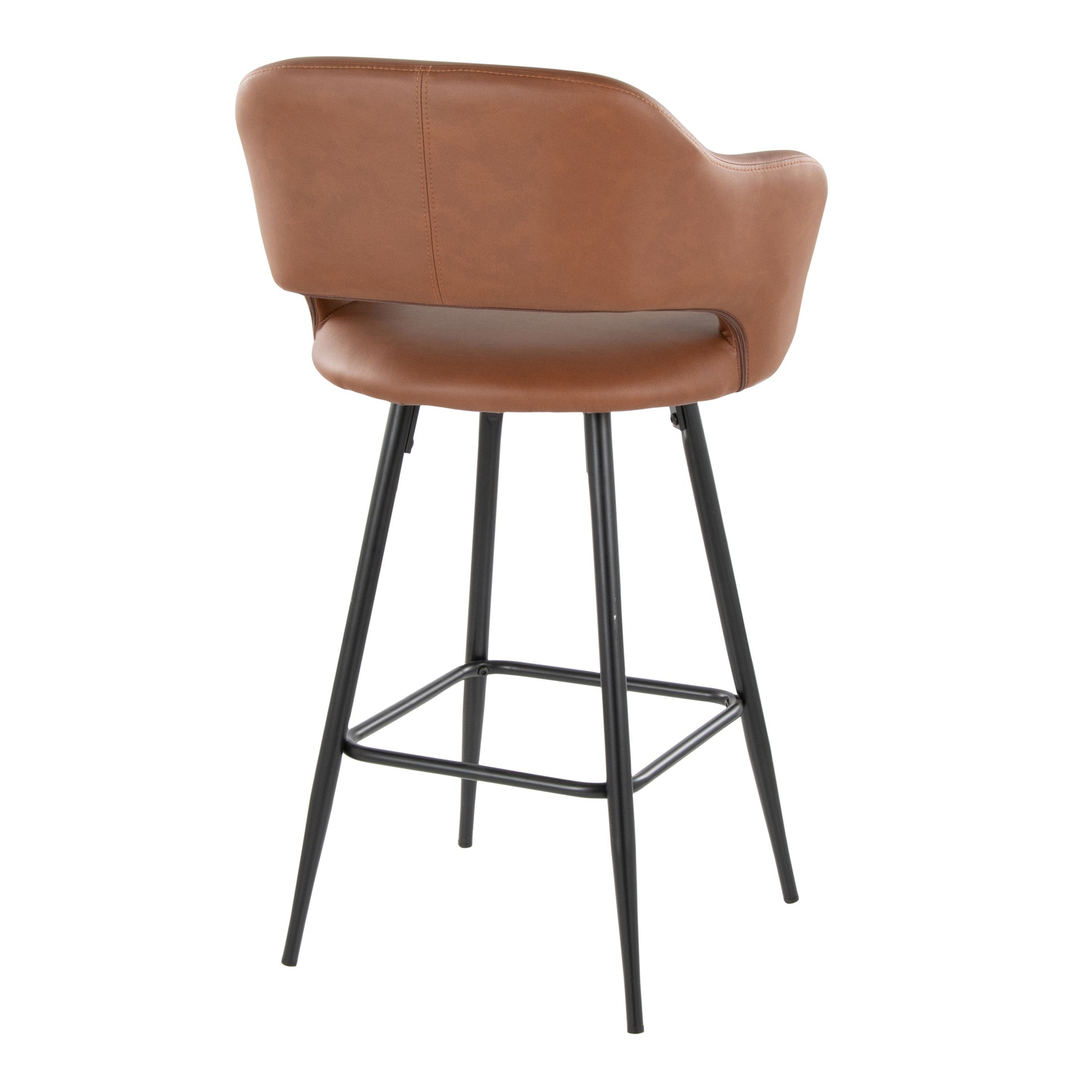 The Margarite set of 2 stools features brown leather upholstery with curved backrests and armrests, supported by four black metal legs and a square footrest, embodying a sleek modern design ideal for contemporary settings. The stool is displayed from the rear angle.