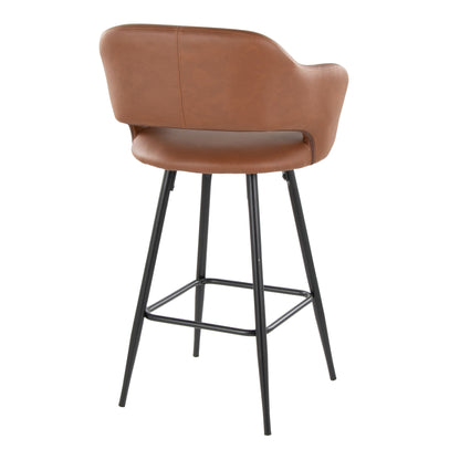 The Margarite set of 2 stools features brown leather upholstery with curved backrests and armrests, supported by four black metal legs and a square footrest, embodying a sleek modern design ideal for contemporary settings. The stool is displayed from the rear angle.