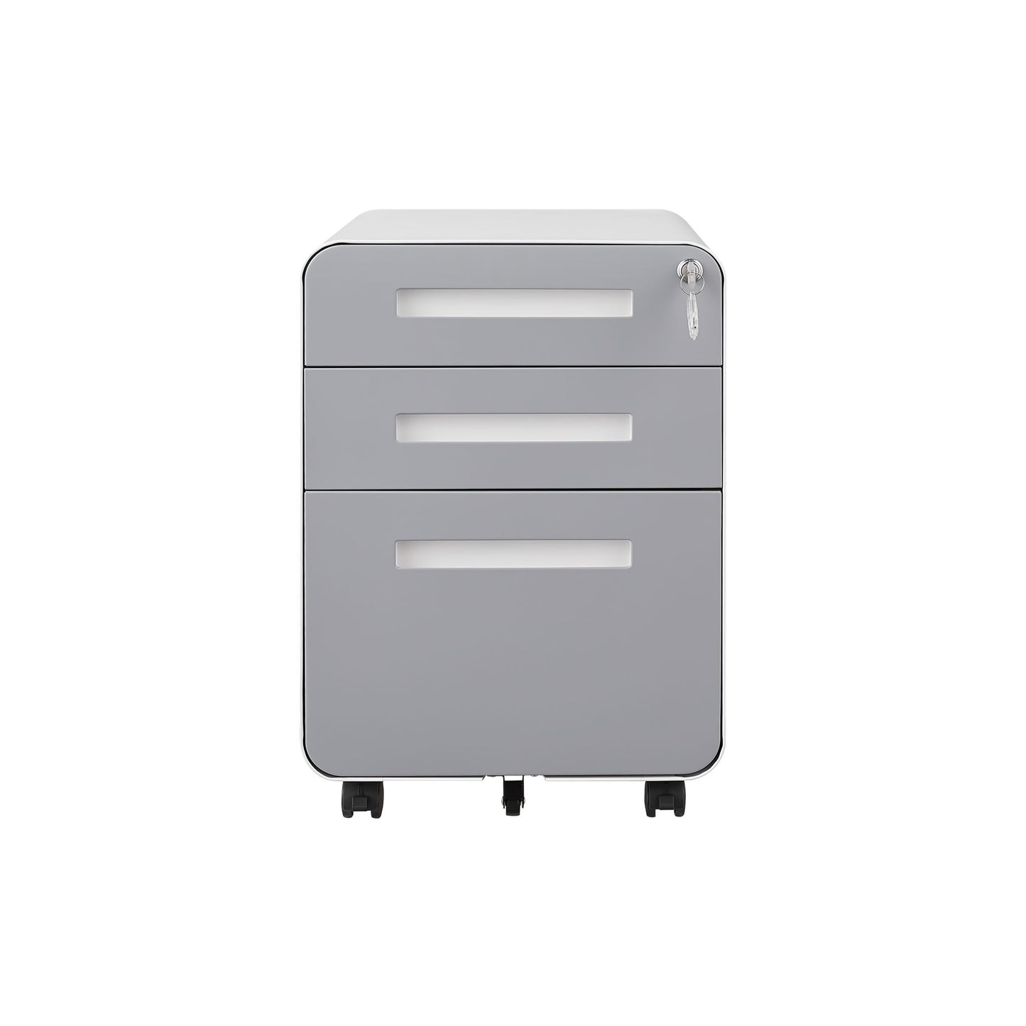 A gray 3 Drawer Mobile File Cabinet under desk, made of cold rolled steel with 5 wheels, white handles, top-drawer lock; waterproof and moisture-proof—ideal for legal, letter, and A4 files. Shown against a plain white background.
