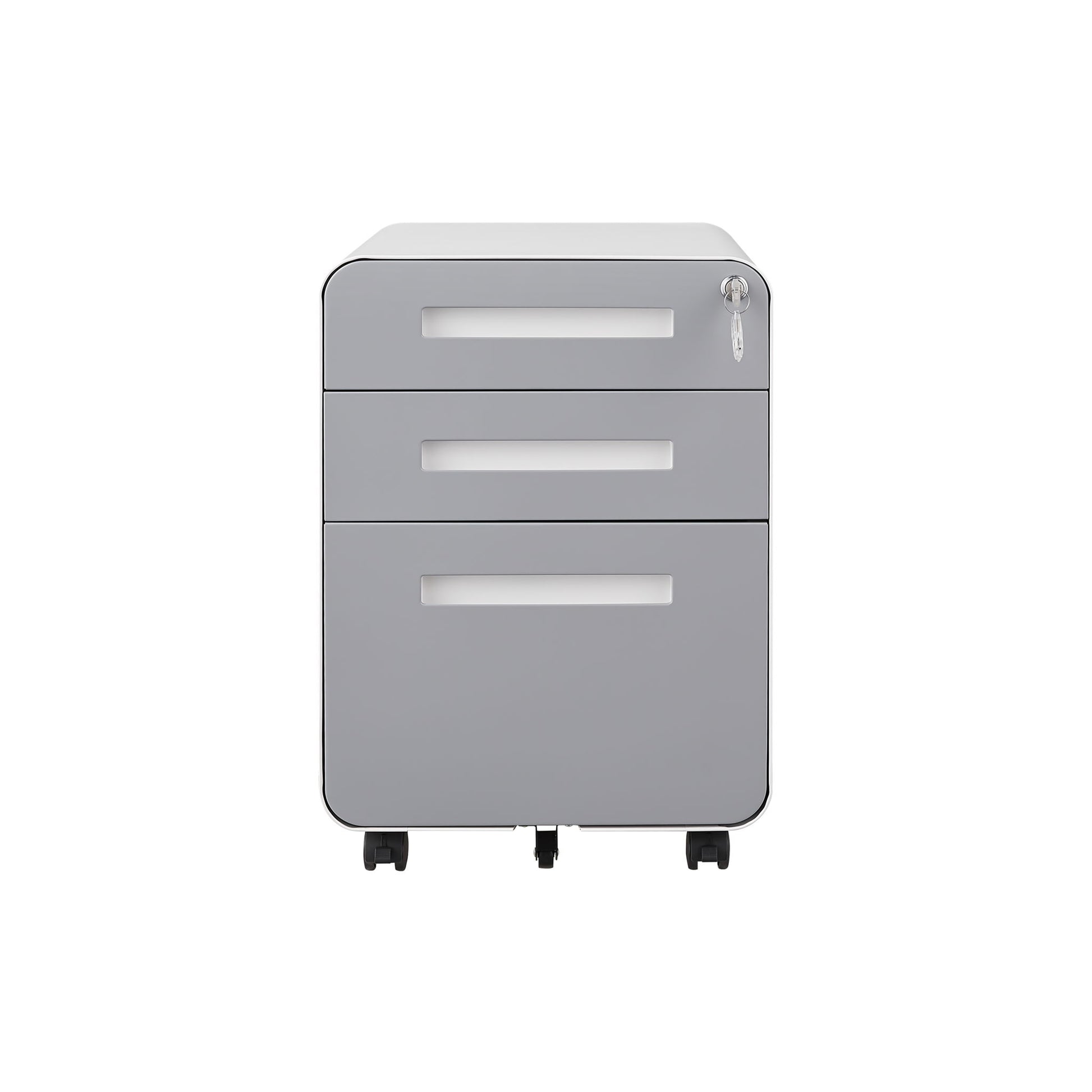 A gray 3 Drawer Mobile File Cabinet under desk, made of cold rolled steel with 5 wheels, white handles, top-drawer lock; waterproof and moisture-proof—ideal for legal, letter, and A4 files. Shown against a plain white background.