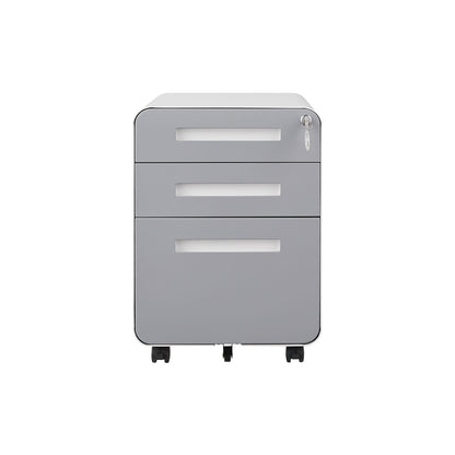 A gray 3 Drawer Mobile File Cabinet under desk, made of cold rolled steel with 5 wheels, white handles, top-drawer lock; waterproof and moisture-proof—ideal for legal, letter, and A4 files. Shown against a plain white background.