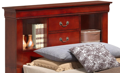 The Louis Phillipe Bookcase Storage Bed features a reddish-brown wooden headboard with shelves holding books, small vases, storage boxes, two central drawers, and bed pillows—including a floral one—arranged in front.