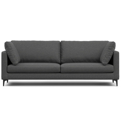 The Ava Mid Century Sofa features a modern dark gray design with two seat and back cushions, two matching side pillows, clean lines, and slim black legs.