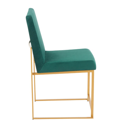 Side view of the Fuji High Back Dining Chair (Set of 2), featuring a green upholstered seat and backrest, gold metal frame, and a contemporary geometric design for a modern dining space.