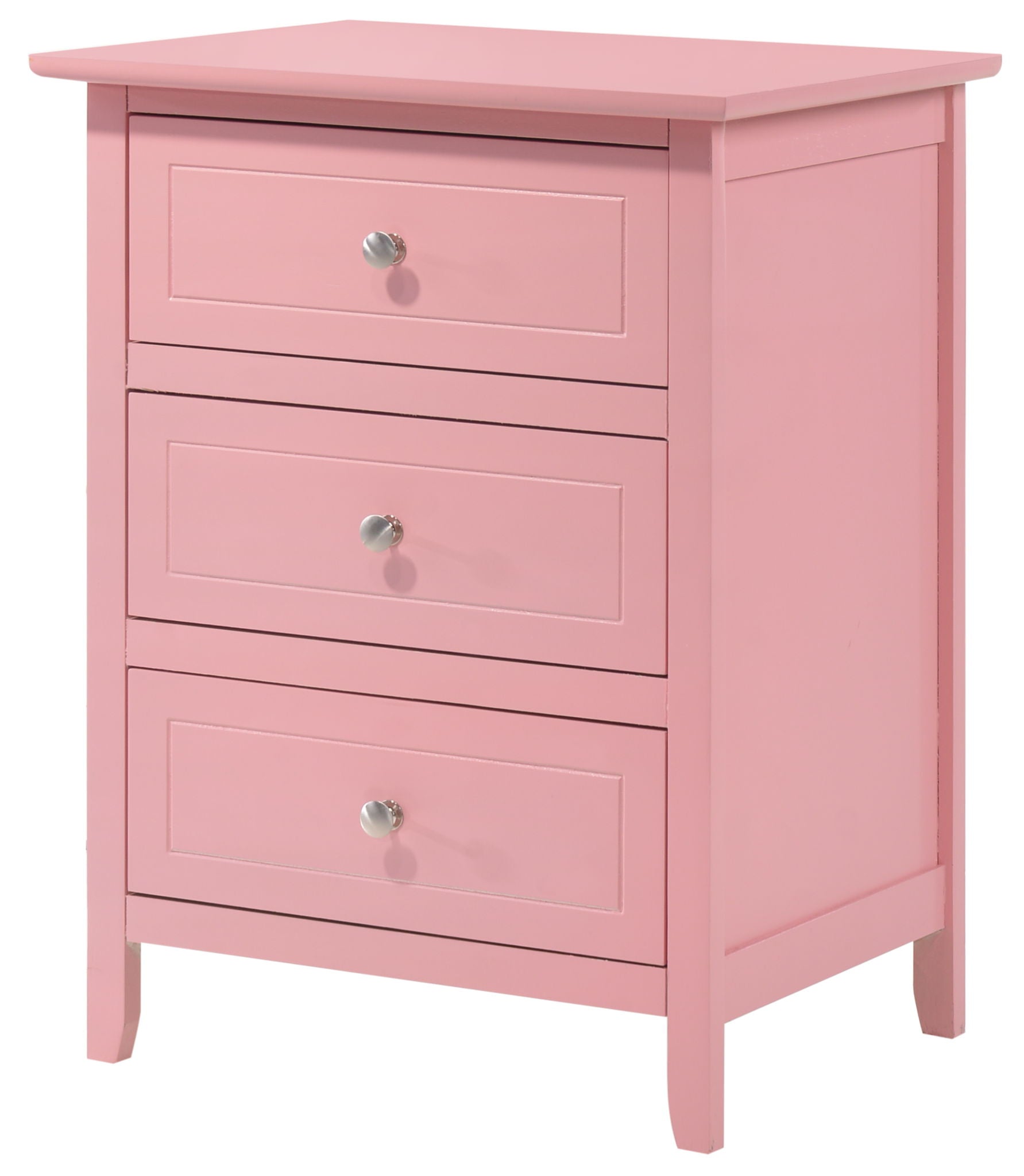 The Daniel 3 Drawer Nightstand is a small pink wooden dresser with three drawers, each with round silver knobs, standing on short legs against a white background.