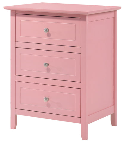 The Daniel 3 Drawer Nightstand is a small pink wooden dresser with three drawers, each with round silver knobs, standing on short legs against a white background.