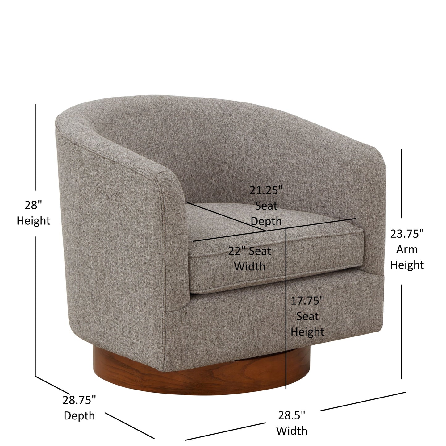 The Miramar Swivel Barrel Chair with Wooden Base is a gray upholstered armchair with labeled dimensions: 28" H, 23.75" arm H, 17.75" seat H, 21.25" seat D, 22" seat W, 28.5" W, and 28.75" D.