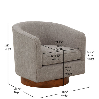 The Miramar Swivel Barrel Chair with Wooden Base is a gray upholstered armchair with labeled dimensions: 28" H, 23.75" arm H, 17.75" seat H, 21.25" seat D, 22" seat W, 28.5" W, and 28.75" D.