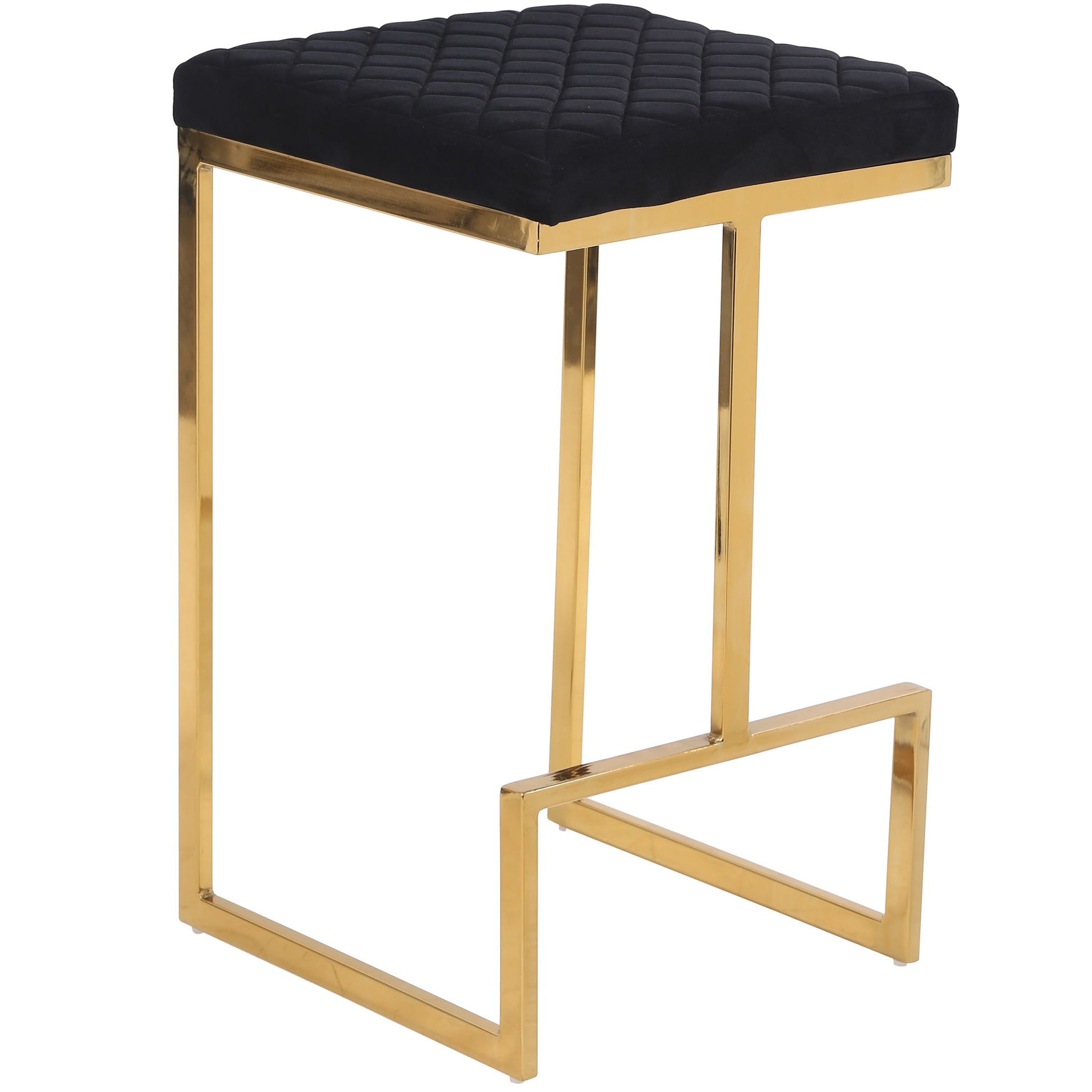 The Joel Mid Century Modern Luxury Upholstered Stool features a gold metal frame with clean lines and geometric shapes, a built-in footrest, and a black quilted cushion seat for contemporary elegance.